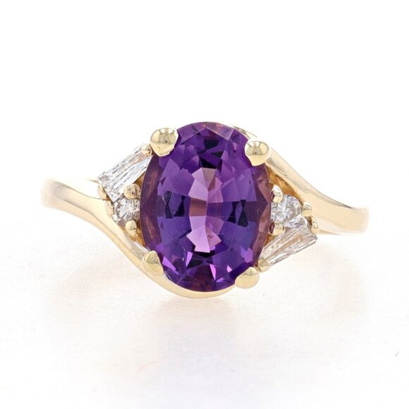 Yellow Gold Amethyst & Diamond Bypass Ring - 14k Oval 1.92ctw